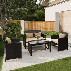 EROMMY 4-Piece Patio Furniture Set, Outdoor Wicker Patio Conversation Set with Cushions, Sofa & Glass Coffee Table, Khaki