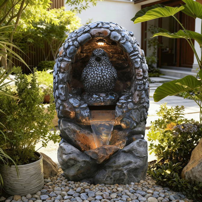 EROMMY Outdoor Water Fountain - Rock-Hollow Bird Outdoor Waterfall Fountain with LED Lights Effect for Patio Deck Yard Home,Gray