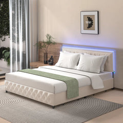 EROMMY King Bed Frame with LED Lights, Velvet Upholstered Bed with 4 Drawers, Platform Bed Frame with Storage King Size, Beige