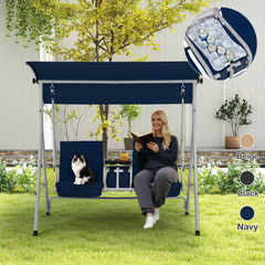 EROMMY 2 Person Porch Swing, Outdoor Swing with Pivot Storage Table, Cooler Bag, 2 Cup Holders, Removable Cushions, Patio Swing with Canopy for Backyard Balcony Poolside (Navy Blue)