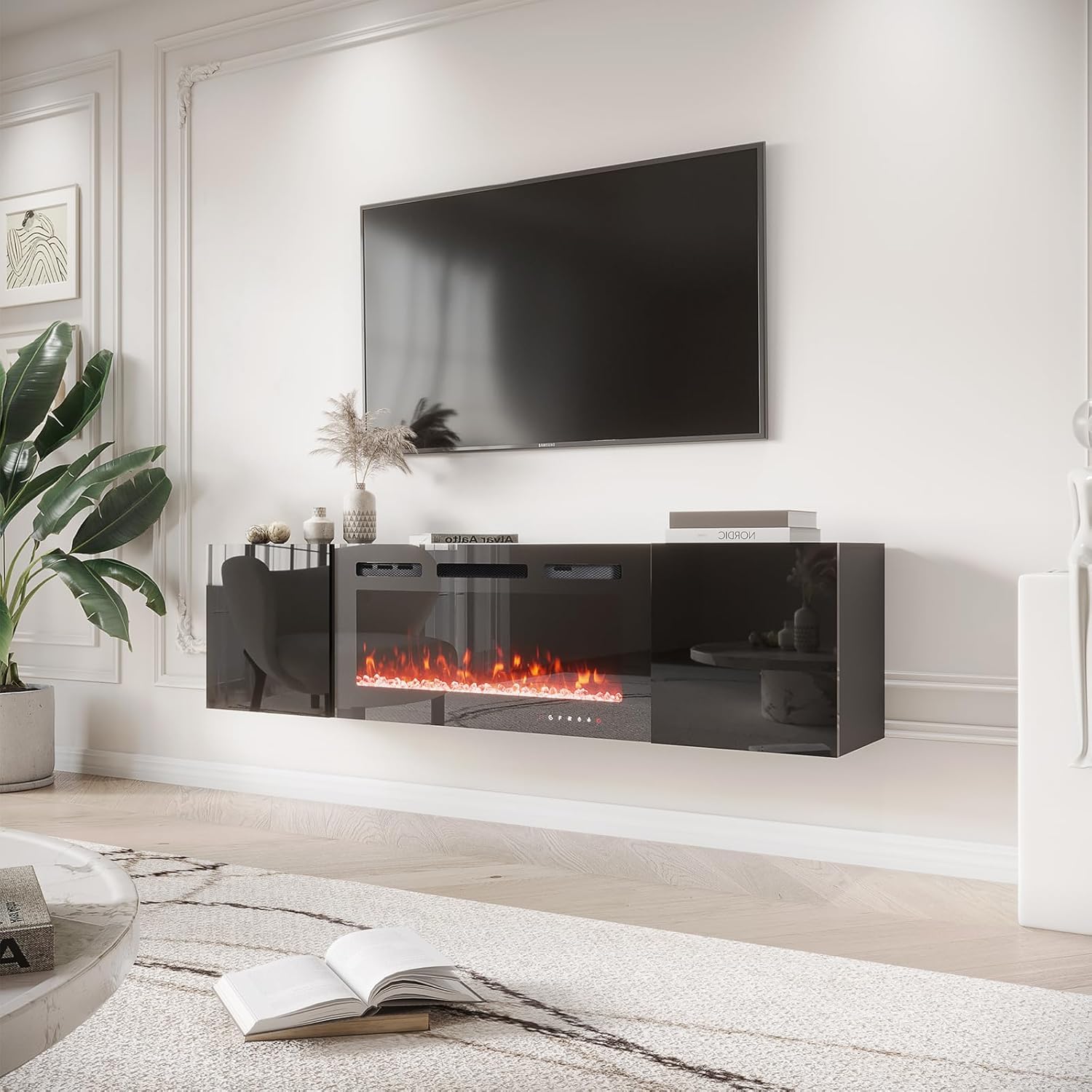 EROMMY 70 Inch Floating TV Stand with Fireplace - Black