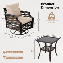 EROMMY 3 Piece Outdoor Swivel Chair Set, Patio Furniture Conversation Set for Deck, Yard, Garden, Poolside(Khaki)