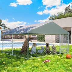 EROMMY Outdoor Dog Kennel, 10'x10' Large Dog House Pen Enclosure, 2 Dog Bowls, Secure Lock and Wateproof Sunproof Cover Included