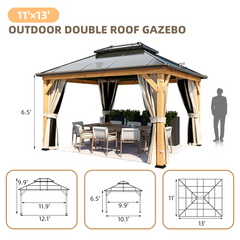 EROMMY 11'x 13' Hardtop Gazebo, Wood Outdoor Gazebo, Polycarbonate Double Roof, Netting and Curtains, Patio Gazebo
