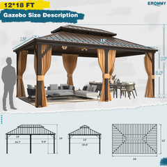 EROMMY 12'x18' Hardtop Gazebo, Galvanized Steel Metal Double Roof Aluminum Gazebo with Curtain and Netting, Brown, for Patio, Lawn & Garden