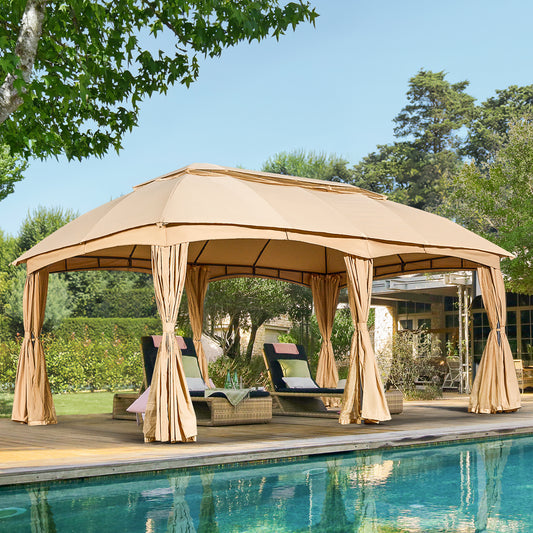 EROMMY 12x20 Patio Gazebo, Double Soft-Roof Gazebo Tent with Curtains and Netting, Patio Canopy for Outdoor, Beige