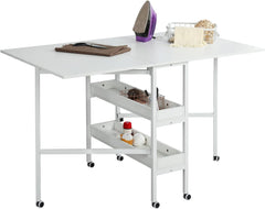 EROMMY Home Hobby Craft Table with Storage Shelves, Mobile Folding Cutting Table for Large Fabric,Fixed Height 35.5in