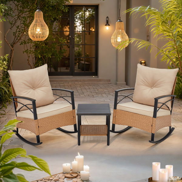 EROMMY 3-Piece Outdoor Rocking Chair Set with Cushions and Coffee Table, Beige