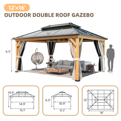 EROMMY 12'x 16' Hardtop Gazebo, Wood Outdoor Gazebo, Polycarbonate Double Roof, Netting and Curtains, Patio Gazebo