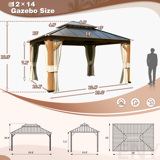 EROMMY 12'x14' Ultra-Thick Columns and Beams Hardtop Gazebo, Faux Wood Grain Aluminum Frame, Dual Material Double Roof