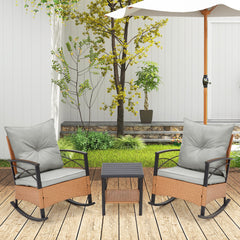 EROMMY 3-Piece Outdoor Bistro Set: PE Rattan Rocking Chairs with Cushions & Coffee Table