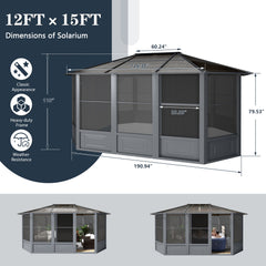 EROMMY 12' x 15' Sunroom, Solarium Gazebo with Aluminum Frame and Polycarbonate Roof, Outdoor Permanent Sun Room with Moveable PVC Screen and Sliding Doo