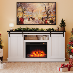EROMMY 63 Inch Fireplace TV Stand with Electric Fireplace, Sliding Barn Doors, LED Flame Effect, Bright White