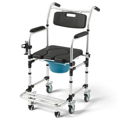 EROMMY 4-in-1 Bedside Commode Shower Wheelchair for Elderly and Disabled, Commode Chair with 4 Lockable Wheels, Detachable Bucket, Padded Seat and Armrests, Flip-Up Footrest, Black