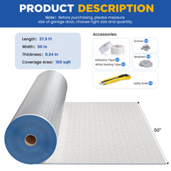 EROMMY 50 in x 37.5 ft Garage Door Insulation Kit, Reflective Radiant Barrier for Year-Round Temperature Control, Easy DIY Installation, Covers 150 Sq Ft