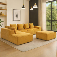 EROMMY 5-Seat Modular Sofa, Corduroy Lounge Couch with Free Combination Design and Throw Pillows, Orange