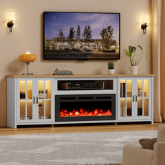 EROMMY 97 Inch Fireplace TV Stand with 42" Electric Fireplace, Fireplace Entertainment Center Media Console, Long TV Stand for Living Room, Television Stands for 100 Inch TV, White