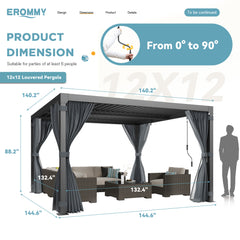 EROMMY 12x12 Aluminum Pergola with Louvered Roof – Black