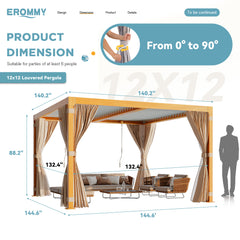 EROMMY 12x12 louvered pergola with Louvered Roof  for Decks, Gardens and Backyards, Wood Grain