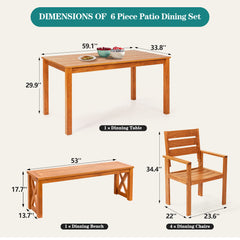 EROMMY 6 Piece Patio Dining Set, Teak Solid Wood, Wooden Furniture Sets