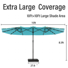 EROMMY15ft Large Double-Sided Patio Umbrella with Solar LED Lights, Outdoor Crank System, and Base – Perfect for Garden, Deck, Poolside