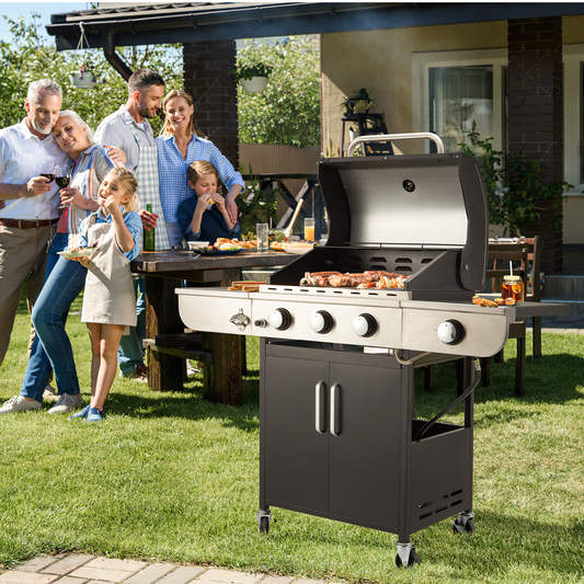 EROMMY 3 Burner BBQ Propane Gas Grill, 24,000 BTU Stainless Steel Patio Garden Barbecue Grill with Stove and Side Table