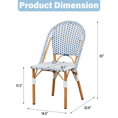 EROMMY Outdoor French Bistro Chair Set of 2, Wicker Patio Dining Chairs with Print Finish, Blue&White