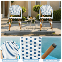 EROMMY Outdoor French Bistro Chair Set of 2, Wicker Patio Dining Chairs with Print Finish, Blue&White