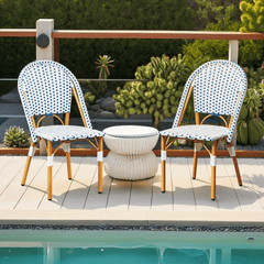 EROMMY Outdoor French Bistro Chair Set of 2, Wicker Patio Dining Chairs with Print Finish, Blue&White