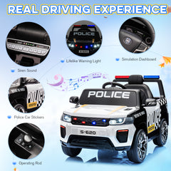 EROMMY Police Car for Kids Ride on, 12V Electric Car Kids Electric Vehicles with Remote Control, Led Lights, Siren, Music, Horns, White