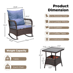 EROMMY 3 pcs Rocking Bistro Set, Outdoor PE Rattan Rocking Chairs with Tempered Glass Coffee Table, Blue-Erommy