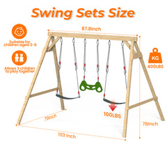 EROMMY Wooden Swing Sets for Backyard with 2 Belt Swings and Trapeze Bar, Outdoor Playset for Kids, Backyard Discovery Wooden Swing Set