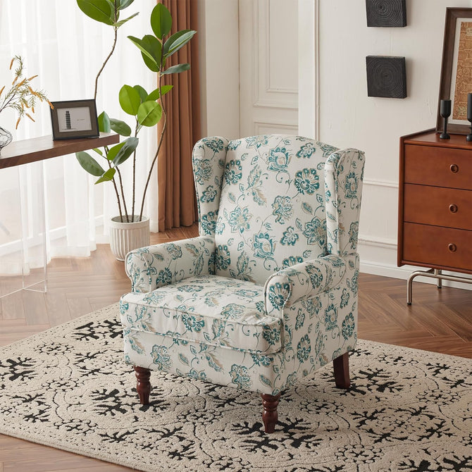 EROMMY Fabric Accent Chair, Modern Upholstered Armchair with, Leisure Single Sofa Chair for Living Room Bedroom Reading, Light Cyan Floral-Erommy