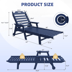 EROMMY 22" W Oversized Chaise Lounge Chairs, Adjustable HDPE Outdoor Chairs with Wheels & Cup Holder, Navy Blue