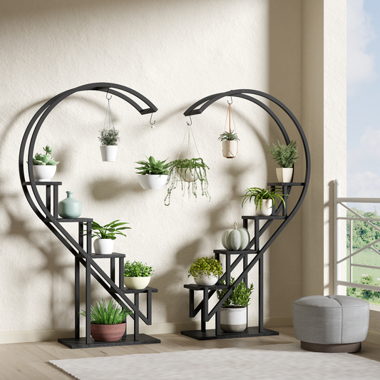 EROMMY 5 Tier Plant Stand Indoor, Heart-Shape Plant Shelf with Hanging Hook, Multiple Planter Display, Black