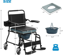 EROMMY Beside Commode Wheelchair with Padded Seat& Flips Up Armrests, Multi-Function Transport Commode Chair for Toilet, Black