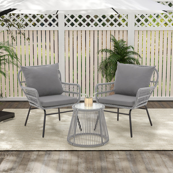 EROMMY 3-Piece Patio Bistro Set with Glass Top Table & 2 Ergonomic Armchairs, Gray