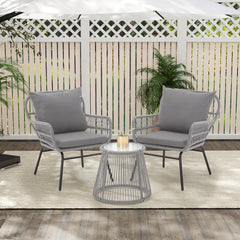 EROMMY 3-Piece Patio Conversation Bistro Set, Outdoor All-Weather Rattan Furniture Set with Tempered Glass Top Table & 2 Wide Ergonomic Armchairs, Seat Cushions for Porch, Backyard, Gray