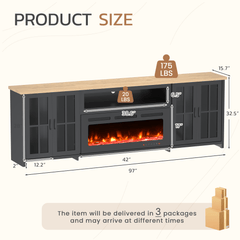 EROMMY 97 Inch Fireplace TV Stand with 42" Electric Fireplace, Fireplace Entertainment Center Media Console, Long TV Stand for Living Room, Television Stands for 100 Inch TV, Black