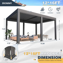 EROMMY 12x16 Aluminum Pergola with Waterproof Roof Panels – Grey