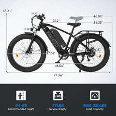 EROMMY Electric Bike for Adults,1500/3000W Peak Motor, 26" Fat Tire E-Bike with 48V 13AH Battery, 25-36 MPH Max 62 Miles Electric Motorcycle, Black