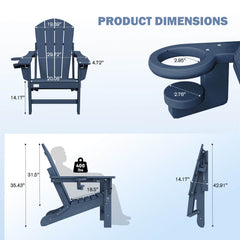 EROMMY 3-Position Adjustable Adirondack Chairs Set of 4, 400LBS HDPE Folding Outdoor Chairs with Cup Holder, Navy Blue