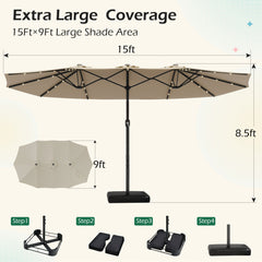 EROMMY 15 X 9 Double-Sided Large Umbrella with Solar LED - Beige