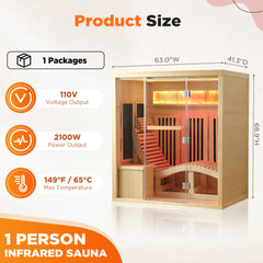 EROMMY 1-Person Full Spectrum Far Infrared Sauna with Lounge Reclining Chair, Red Light Therapy, LED Beauty Lamp