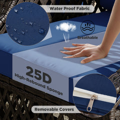 EROMMY 2 Piece All-Weather Outdoor Wicker Ottoman, Patio Footrest & Extra Seat with Thick Cushion (Navy Blue)