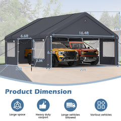 EROMMY 20x20 FT Heavy Duty Durable Carport, Galvanized Steel Frame Garage Shelter and Outdoor Storage, Waterproof 3-Layer PE Cover, Fits 2 Cars, Boat, Farm Equipment, Dark Gray