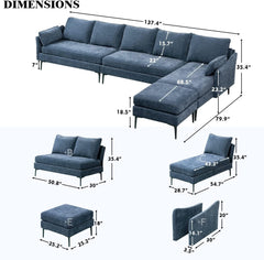 EROMMY L Shaped Sectional Modular Sofa, Convertible Chenille Fabric Couch, Large 5-seat Sectional Couches for Living Room, Blue