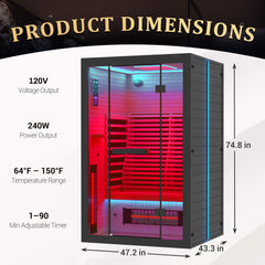 EROMMY 2 Person Infrared Sauna with Red Light Therapy, 360° Fast Heating, 7-Color LED & Bluetooth, Adjustable Seat, Black