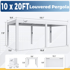 EROMMY 10' x 20' Outdoor Pergola with LED Lights, Aluminum Gazebo with Motorized Louvers & Side Screens for Patio, Backyard & Poolside, White