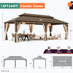 EROMMY 12' x 24' Hardtop Gazebo,Galvanized Steel Metal Double Roof Aluminum Frame with Curtain and Netting,Brown Permanent Pavilion Gazebo with Aluminum Frame for Patios,Gardens,Lawns